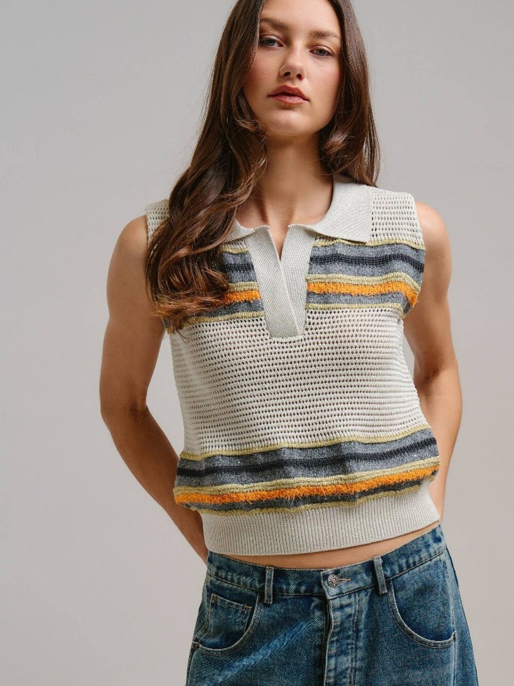 Urban Daizy Retro Striped Metallic Knit Sleeveless Polo Top NWT Large